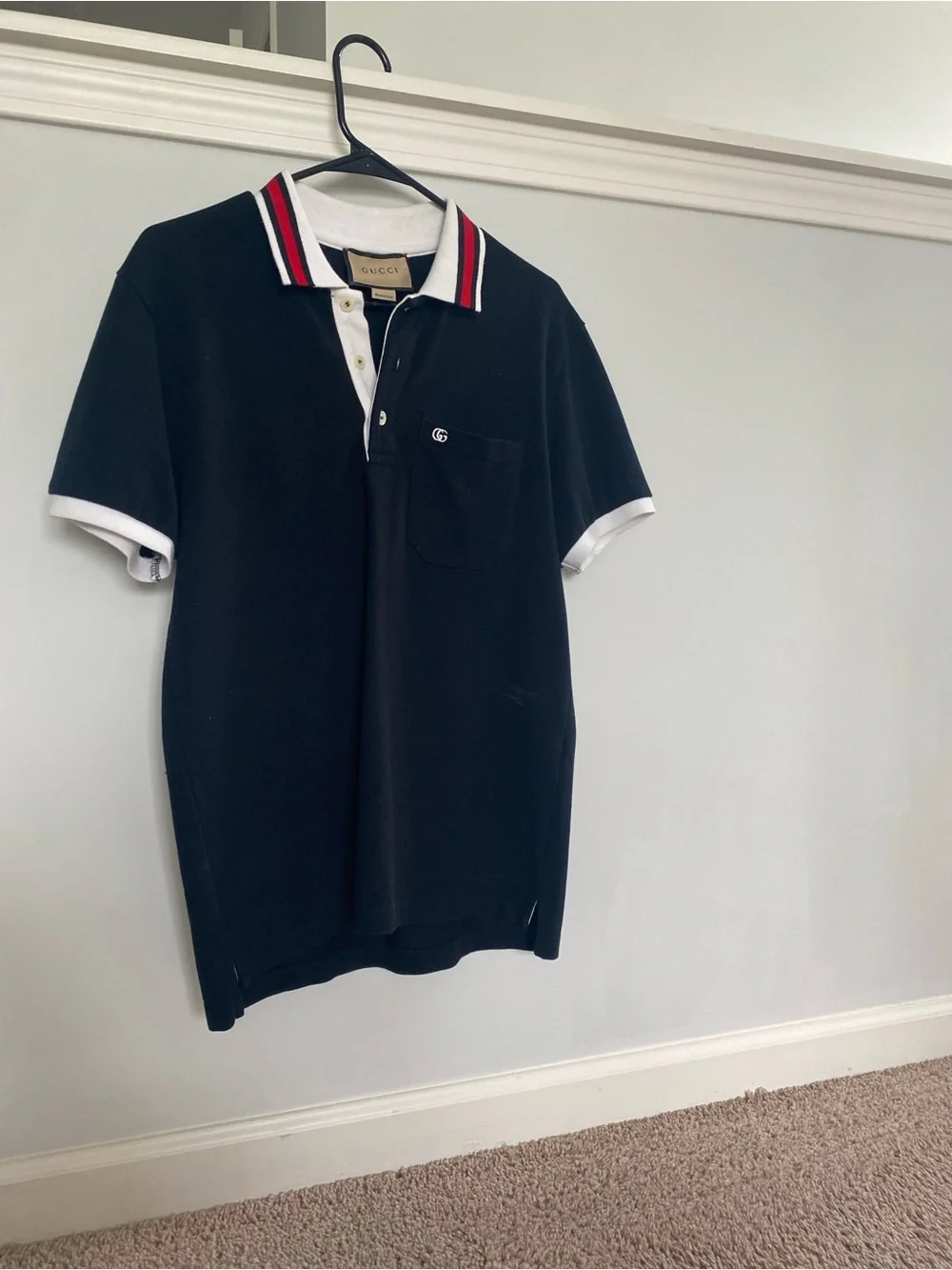 Gucci Black Polo with White Trim and Red-Black Stripe Collar